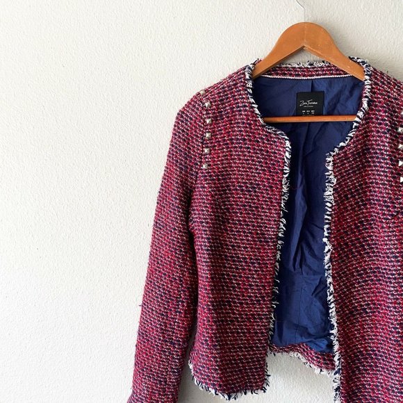 Zara Trafaluc red blue studded jacket frayed cotton acrylic L - Picture 4 of 9